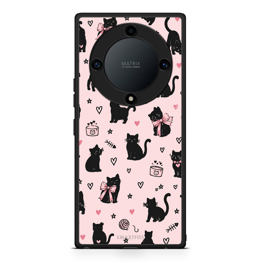 Θήκη Honor Magic5 Lite 5G / X9a Black Cat Doodles on Pink από τη Smartfits με σχέδιο στο πίσω μέρος και μαύρο περίβλημα | Honor Magic5 Lite 5G / X9a Black Cat Doodles on Pink case with colorful back and black bezels