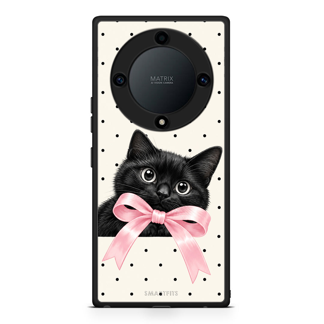 Θήκη Honor Magic5 Lite 5G / X9a Black Kitten Pink Bow and Polka Dots από τη Smartfits με σχέδιο στο πίσω μέρος και μαύρο περίβλημα | Honor Magic5 Lite 5G / X9a Black Kitten Pink Bow and Polka Dots case with colorful back and black bezels