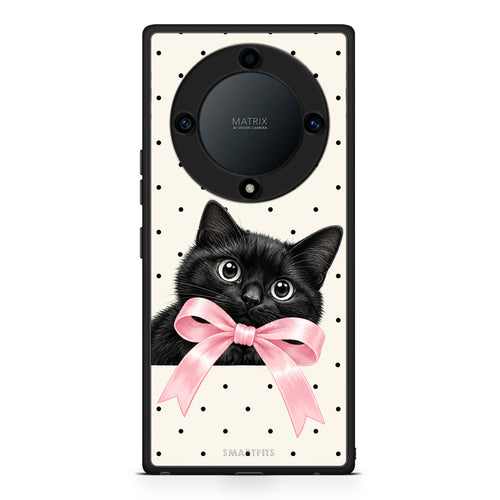 Θήκη Honor Magic5 Lite 5G / X9a Black Kitten Pink Bow and Polka Dots από τη Smartfits με σχέδιο στο πίσω μέρος και μαύρο περίβλημα | Honor Magic5 Lite 5G / X9a Black Kitten Pink Bow and Polka Dots case with colorful back and black bezels