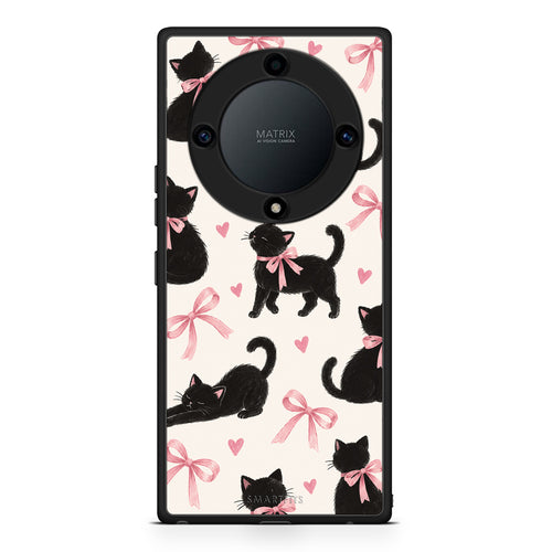Θήκη Honor Magic5 Lite 5G / X9a Black Kittens and Pink Bows on Cream Large από τη Smartfits με σχέδιο στο πίσω μέρος και μαύρο περίβλημα | Honor Magic5 Lite 5G / X9a Black Kittens and Pink Bows on Cream Large case with colorful back and black bezels
