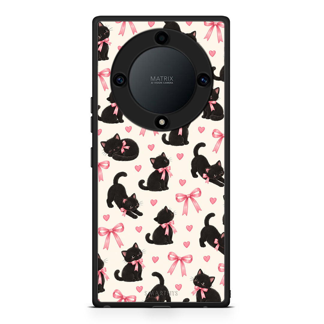 Θήκη Honor Magic5 Lite 5G / X9a Black Kittens and Pink Bows on Cream Small από τη Smartfits με σχέδιο στο πίσω μέρος και μαύρο περίβλημα | Honor Magic5 Lite 5G / X9a Black Kittens and Pink Bows on Cream Small case with colorful back and black bezels