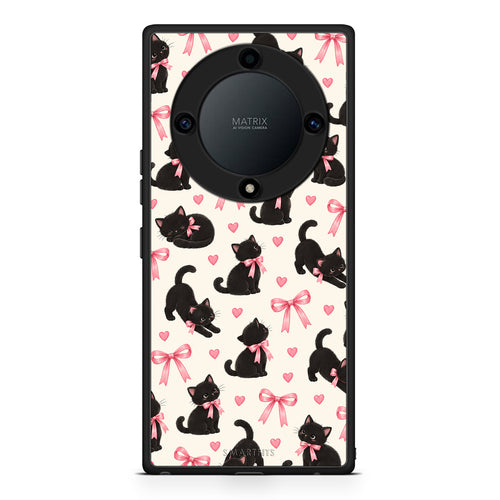 Θήκη Honor Magic5 Lite 5G / X9a Black Kittens and Pink Bows on Cream Small από τη Smartfits με σχέδιο στο πίσω μέρος και μαύρο περίβλημα | Honor Magic5 Lite 5G / X9a Black Kittens and Pink Bows on Cream Small case with colorful back and black bezels