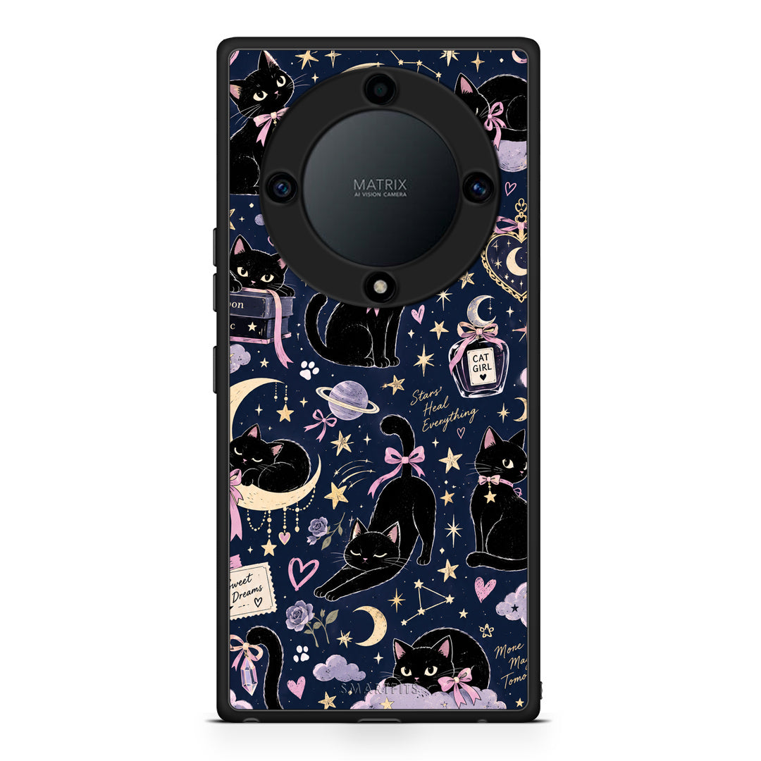 Θήκη Honor Magic5 Lite 5G / X9a Celestial Black Cats on Navy από τη Smartfits με σχέδιο στο πίσω μέρος και μαύρο περίβλημα | Honor Magic5 Lite 5G / X9a Celestial Black Cats on Navy case with colorful back and black bezels