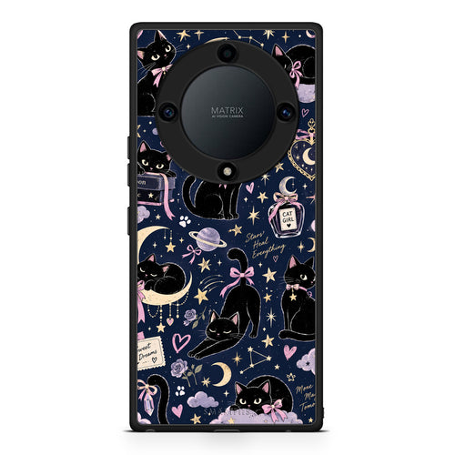 Θήκη Honor Magic5 Lite 5G / X9a Celestial Black Cats on Navy από τη Smartfits με σχέδιο στο πίσω μέρος και μαύρο περίβλημα | Honor Magic5 Lite 5G / X9a Celestial Black Cats on Navy case with colorful back and black bezels