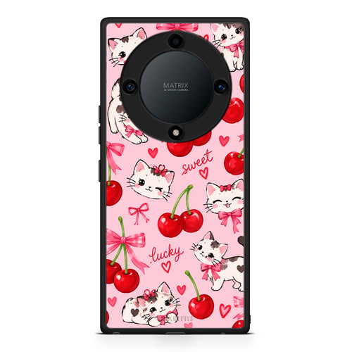 Θήκη Honor Magic5 Lite 5G / X9a Cherries Bows and Kittens on Pink από τη Smartfits με σχέδιο στο πίσω μέρος και μαύρο περίβλημα | Honor Magic5 Lite 5G / X9a Cherries Bows and Kittens on Pink case with colorful back and black bezels