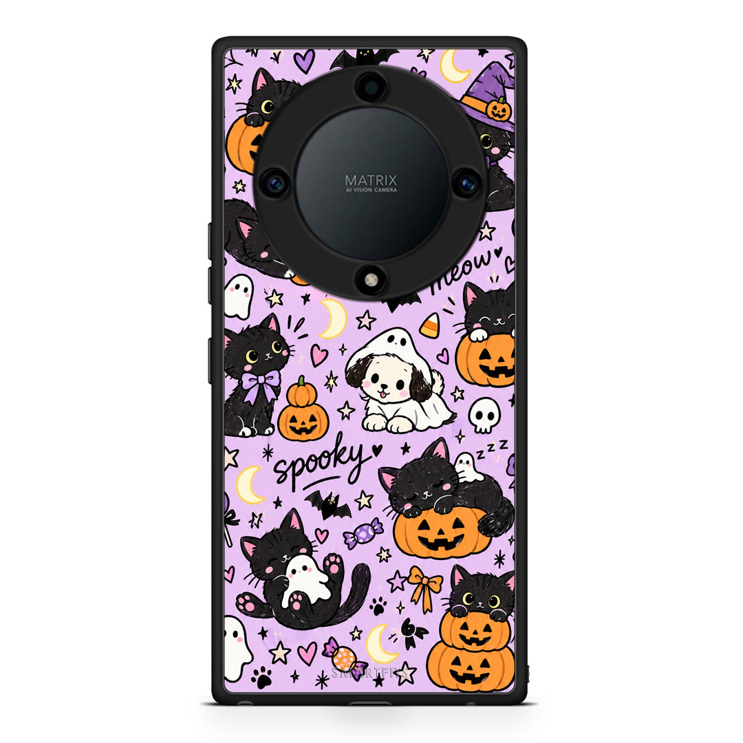 Θήκη Honor Magic5 Lite 5G / X9a Halloween Black Cats on Lilac από τη Smartfits με σχέδιο στο πίσω μέρος και μαύρο περίβλημα | Honor Magic5 Lite 5G / X9a Halloween Black Cats on Lilac case with colorful back and black bezels