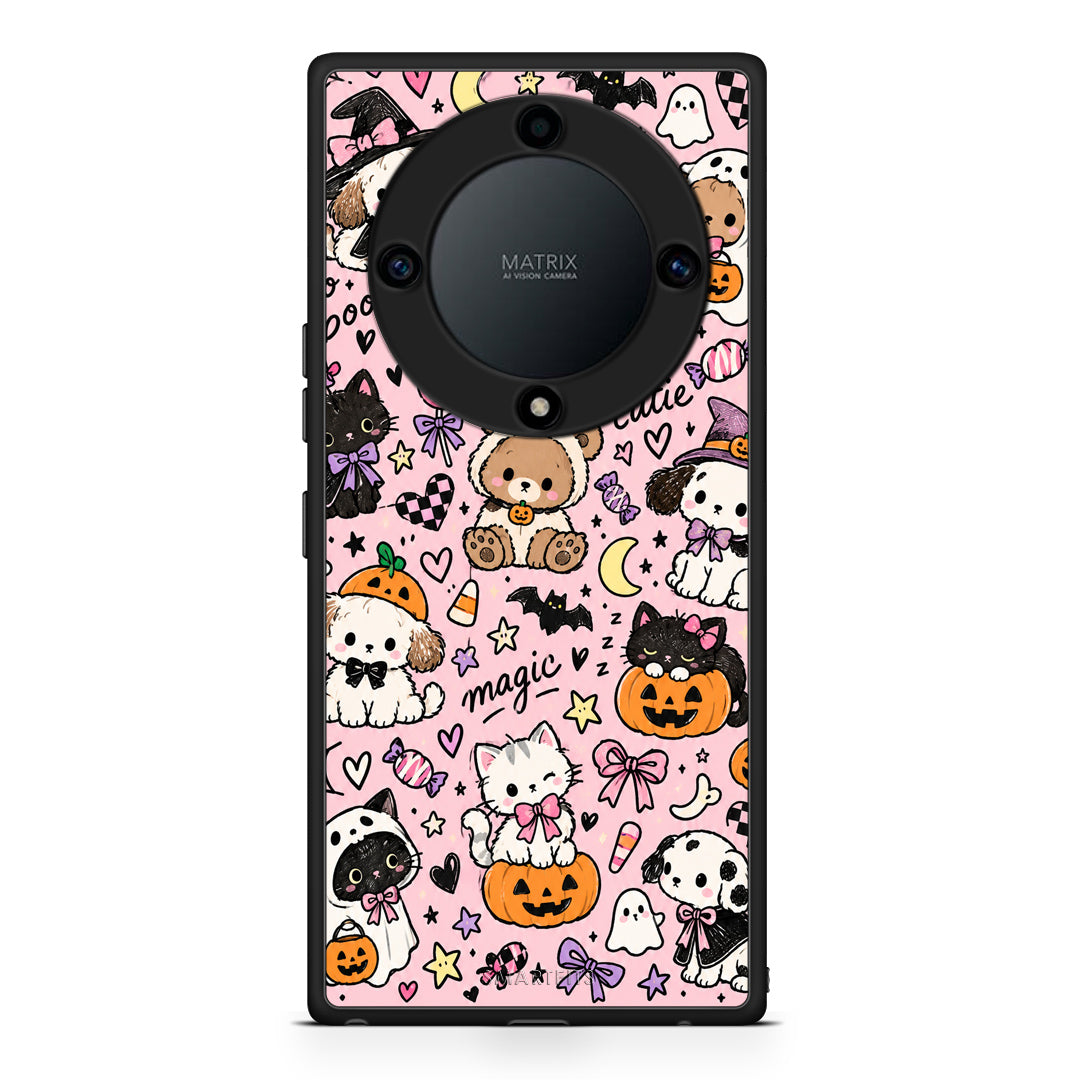 Θήκη Honor Magic5 Lite 5G / X9a Halloween Cute Animals on Pink από τη Smartfits με σχέδιο στο πίσω μέρος και μαύρο περίβλημα | Honor Magic5 Lite 5G / X9a Halloween Cute Animals on Pink case with colorful back and black bezels