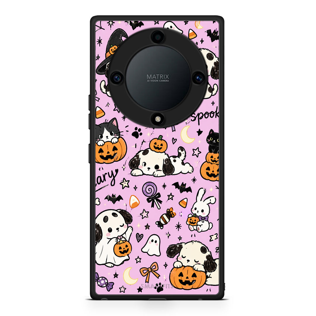 Θήκη Honor Magic5 Lite 5G / X9a Halloween Puppies and Friends on Lilac από τη Smartfits με σχέδιο στο πίσω μέρος και μαύρο περίβλημα | Honor Magic5 Lite 5G / X9a Halloween Puppies and Friends on Lilac case with colorful back and black bezels
