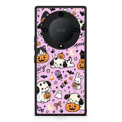 Θήκη Honor Magic5 Lite 5G / X9a Halloween Puppies and Friends on Lilac από τη Smartfits με σχέδιο στο πίσω μέρος και μαύρο περίβλημα | Honor Magic5 Lite 5G / X9a Halloween Puppies and Friends on Lilac case with colorful back and black bezels