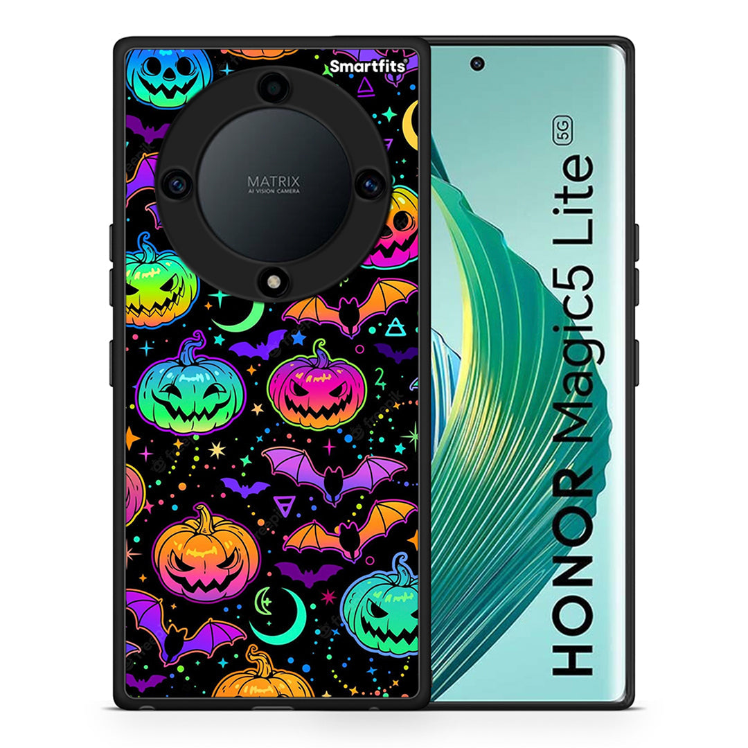 Θήκη Honor Magic5 Lite 5G / X9a Neon Halloween από τη Smartfits με σχέδιο στο πίσω μέρος και μαύρο περίβλημα | Honor Magic5 Lite 5G / X9a Neon Halloween Case with Colorful Back and Black Bezels