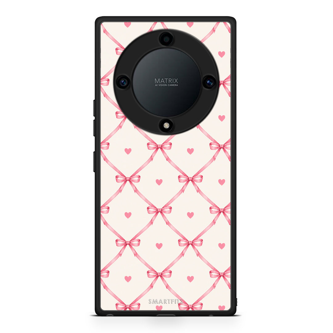 Θήκη Honor Magic5 Lite 5G / X9a Pink Bow Lattice and Hearts on Cream από τη Smartfits με σχέδιο στο πίσω μέρος και μαύρο περίβλημα | Honor Magic5 Lite 5G / X9a Pink Bow Lattice and Hearts on Cream case with colorful back and black bezels