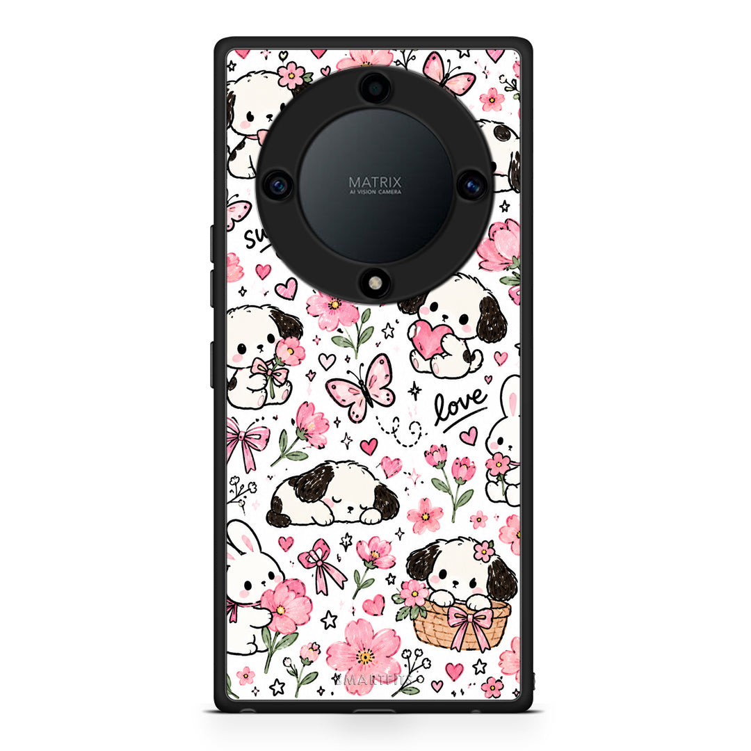 Θήκη Honor Magic5 Lite 5G / X9a Pink Florals Puppies and Bunnies on White από τη Smartfits με σχέδιο στο πίσω μέρος και μαύρο περίβλημα | Honor Magic5 Lite 5G / X9a Pink Florals Puppies and Bunnies on White case with colorful back and black bezels