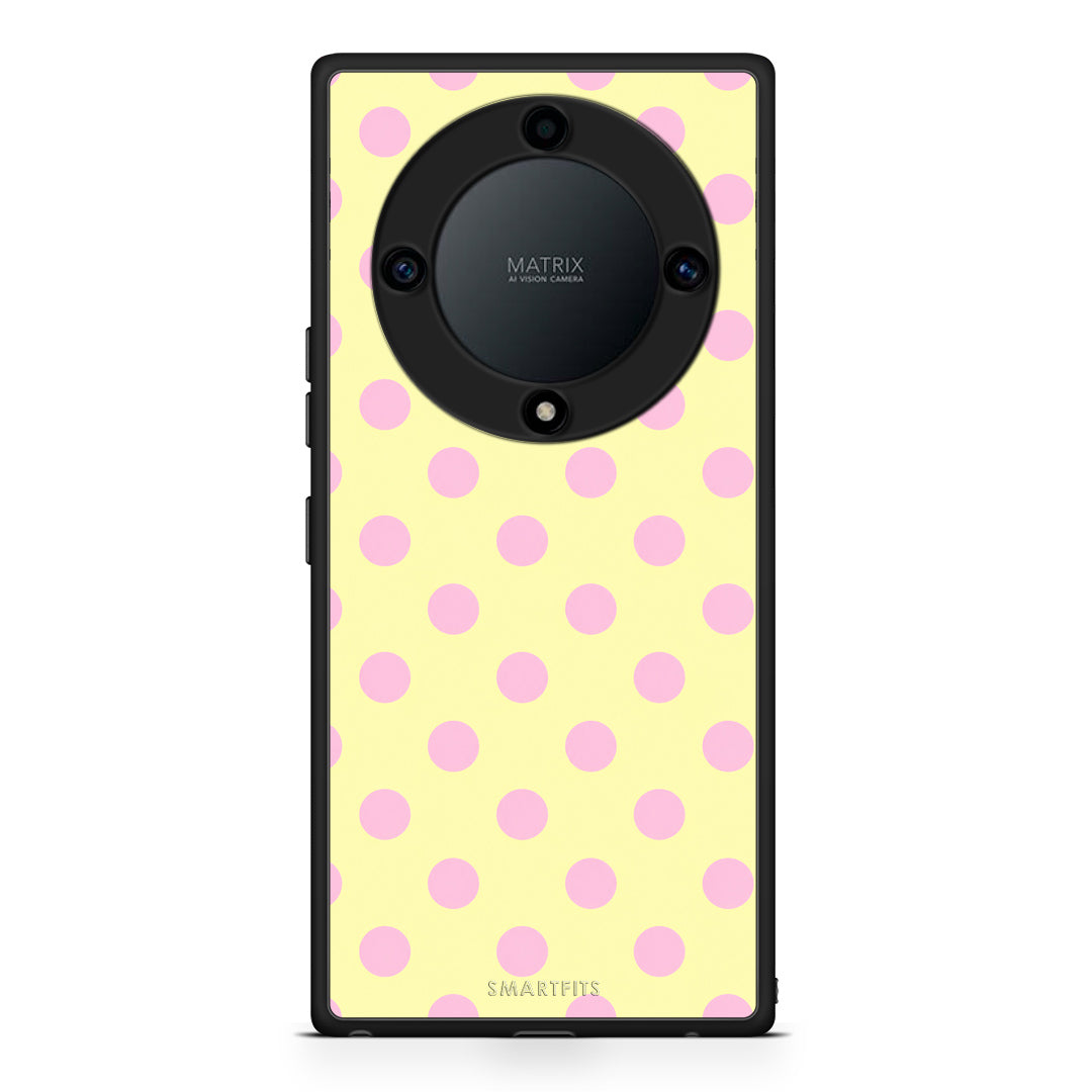 Θήκη Honor Magic5 Lite 5G / X9a Pink Polka Dots on Yellow από τη Smartfits με σχέδιο στο πίσω μέρος και μαύρο περίβλημα | Honor Magic5 Lite 5G / X9a Pink Polka Dots on Yellow case with colorful back and black bezels