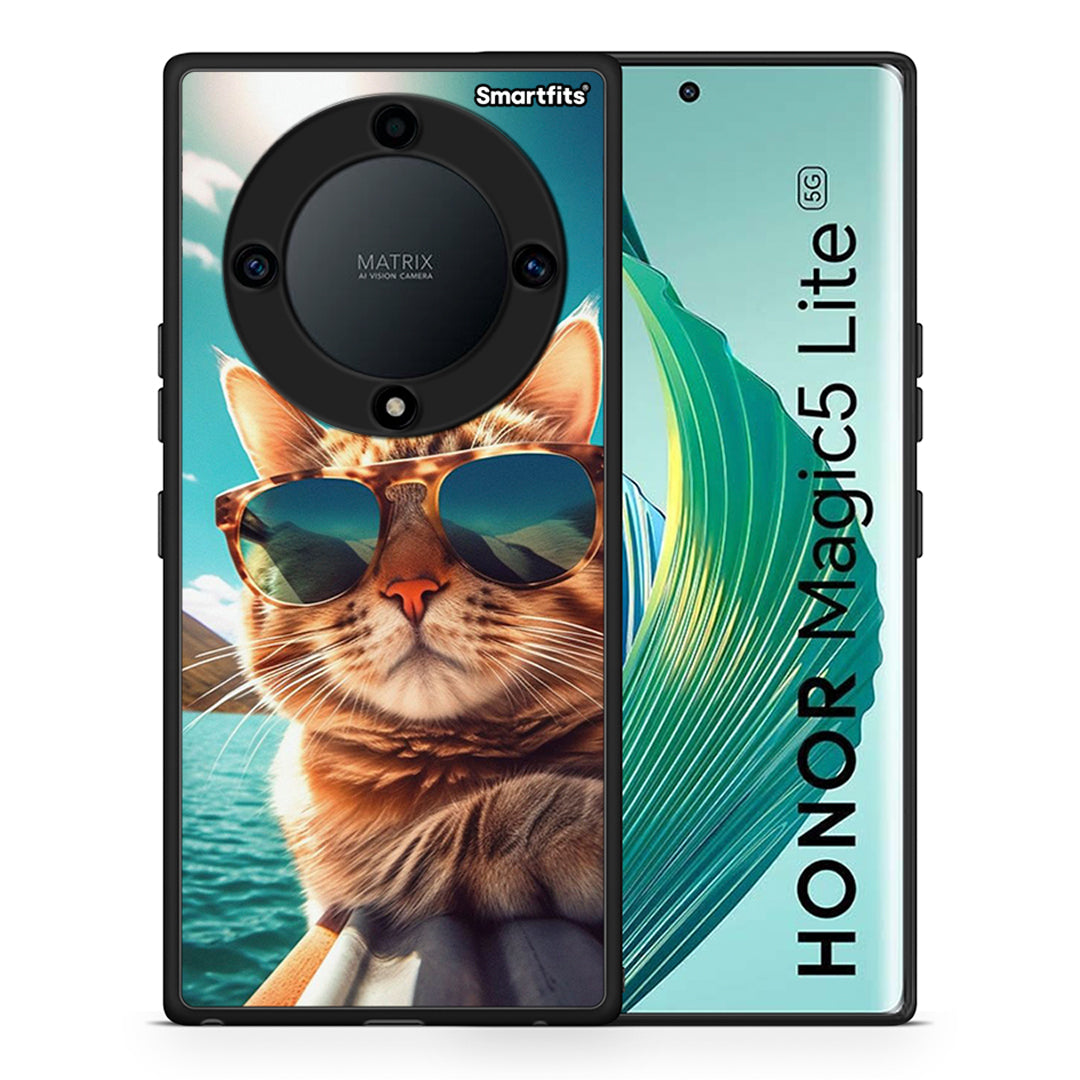 Θήκη Honor Magic5 Lite 5G / X9a Summer Cat από τη Smartfits με σχέδιο στο πίσω μέρος και μαύρο περίβλημα | Honor Magic5 Lite 5G / X9a Summer Cat Case with Colorful Back and Black Bezels