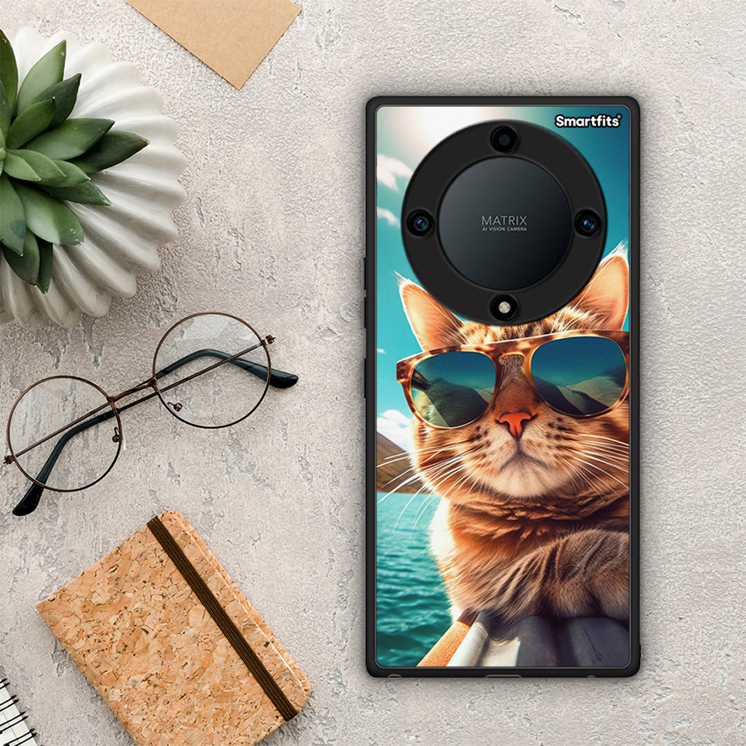 Θήκη Honor Magic5 Lite 5G / X9a Summer Cat από τη Smartfits με σχέδιο στο πίσω μέρος και μαύρο περίβλημα | Honor Magic5 Lite 5G / X9a Summer Cat Case with Colorful Back and Black Bezels