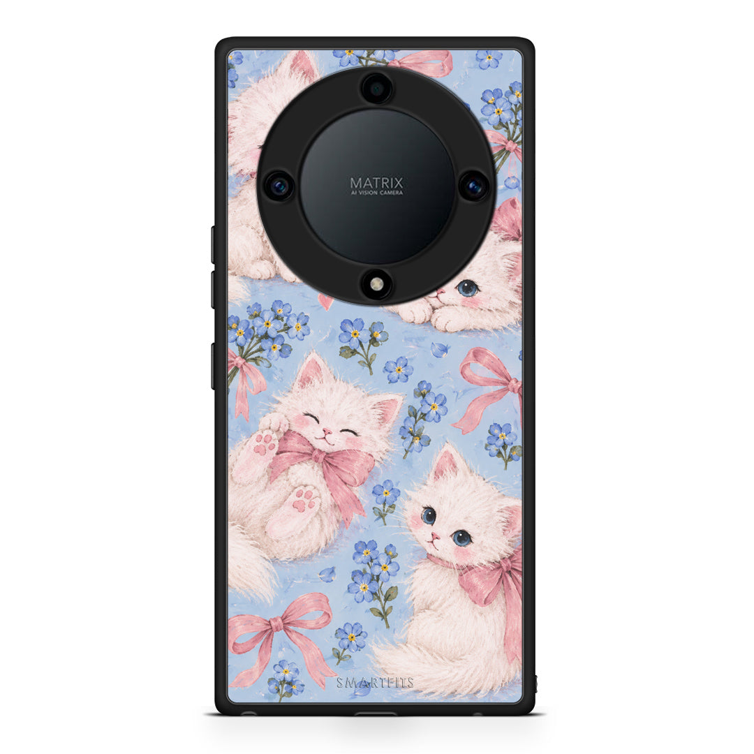 Θήκη Honor Magic5 Lite 5G / X9a White Kittens and Blue Flowers Large από τη Smartfits με σχέδιο στο πίσω μέρος και μαύρο περίβλημα | Honor Magic5 Lite 5G / X9a White Kittens and Blue Flowers Large case with colorful back and black bezels