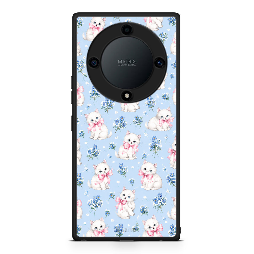 Θήκη Honor Magic5 Lite 5G / X9a White Kittens and Blue Flowers Small από τη Smartfits με σχέδιο στο πίσω μέρος και μαύρο περίβλημα | Honor Magic5 Lite 5G / X9a White Kittens and Blue Flowers Small case with colorful back and black bezels