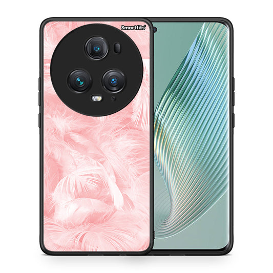 Θήκη Honor Magic5 Pro Pink Feather Boho από τη Smartfits με σχέδιο στο πίσω μέρος και μαύρο περίβλημα | Honor Magic5 Pro Pink Feather Boho case with colorful back and black bezels