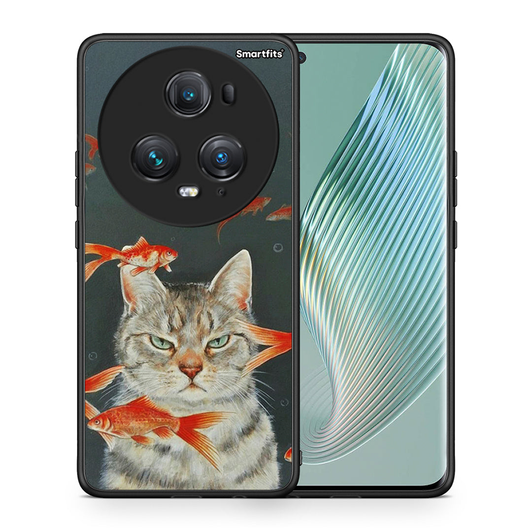 Θήκη Honor Magic5 Pro Cat Goldfish από τη Smartfits με σχέδιο στο πίσω μέρος και μαύρο περίβλημα | Honor Magic5 Pro Cat Goldfish case with colorful back and black bezels