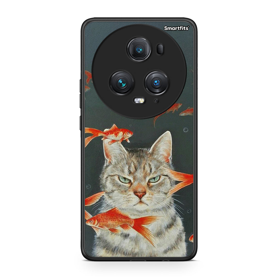 Honor Magic5 Pro Cat Goldfish θήκη από τη Smartfits με σχέδιο στο πίσω μέρος και μαύρο περίβλημα | Smartphone case with colorful back and black bezels by Smartfits