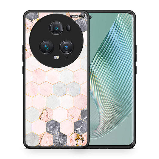 Θήκη Honor Magic5 Pro Hexagon Pink Marble από τη Smartfits με σχέδιο στο πίσω μέρος και μαύρο περίβλημα | Honor Magic5 Pro Hexagon Pink Marble case with colorful back and black bezels