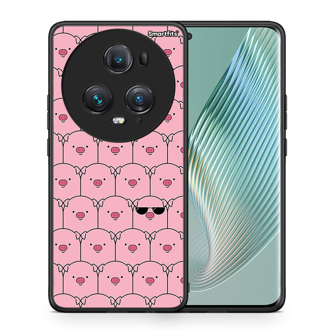 Θήκη Honor Magic5 Pro Pig Glasses από τη Smartfits με σχέδιο στο πίσω μέρος και μαύρο περίβλημα | Honor Magic5 Pro Pig Glasses case with colorful back and black bezels