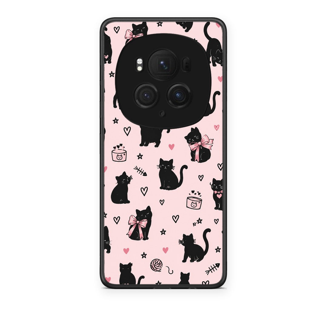 Θήκη Honor Magic6 Pro Black Cat Doodles on Pink από τη Smartfits με σχέδιο στο πίσω μέρος και μαύρο περίβλημα | Honor Magic6 Pro Black Cat Doodles on Pink case with colorful back and black bezels