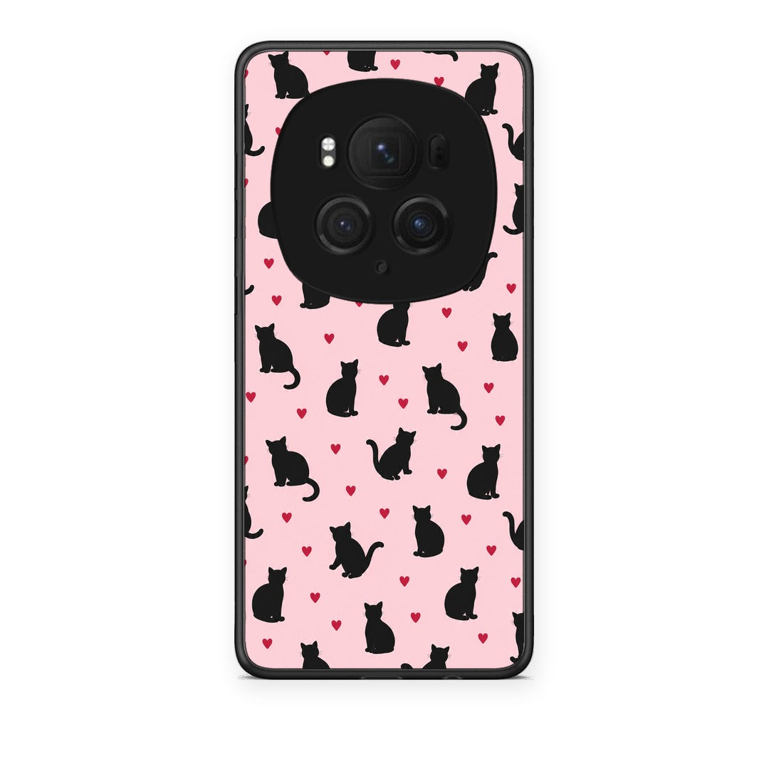 Θήκη Honor Magic6 Pro Black Cat Silhouettes and Hearts on Pink από τη Smartfits με σχέδιο στο πίσω μέρος και μαύρο περίβλημα | Honor Magic6 Pro Black Cat Silhouettes and Hearts on Pink case with colorful back and black bezels