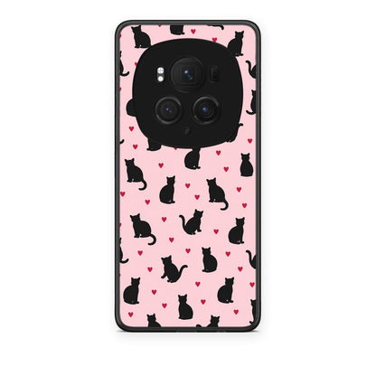 Θήκη Honor Magic6 Pro Black Cat Silhouettes and Hearts on Pink από τη Smartfits με σχέδιο στο πίσω μέρος και μαύρο περίβλημα | Honor Magic6 Pro Black Cat Silhouettes and Hearts on Pink case with colorful back and black bezels