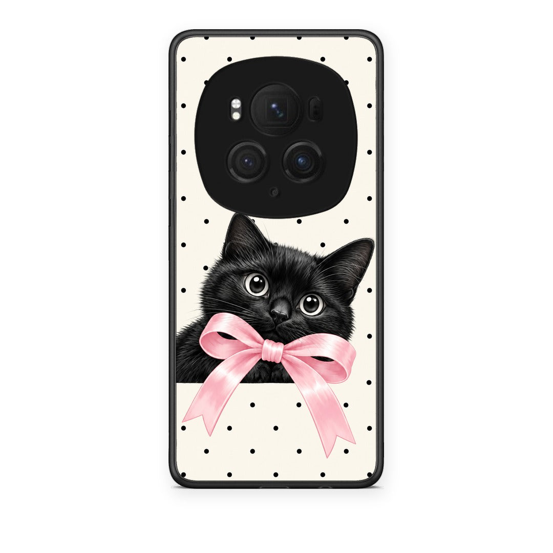 Θήκη Honor Magic6 Pro Black Kitten Pink Bow and Polka Dots από τη Smartfits με σχέδιο στο πίσω μέρος και μαύρο περίβλημα | Honor Magic6 Pro Black Kitten Pink Bow and Polka Dots case with colorful back and black bezels