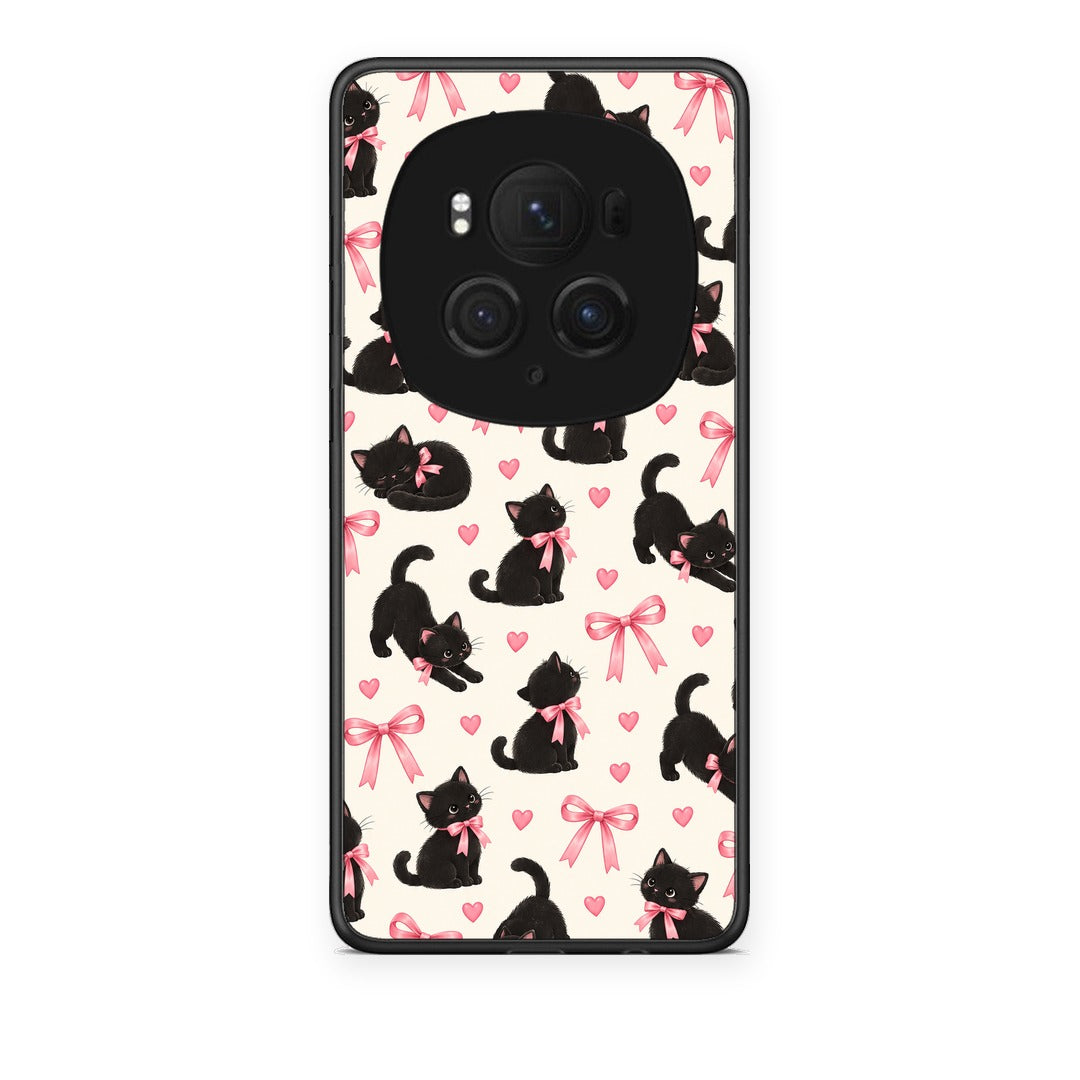 Θήκη Honor Magic6 Pro Black Kittens and Pink Bows on Cream Small από τη Smartfits με σχέδιο στο πίσω μέρος και μαύρο περίβλημα | Honor Magic6 Pro Black Kittens and Pink Bows on Cream Small case with colorful back and black bezels