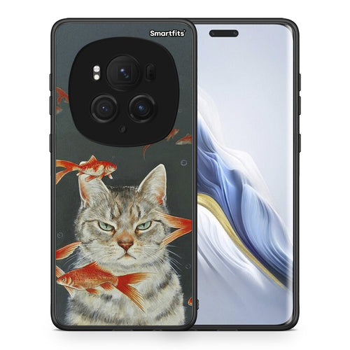 Θήκη Honor Magic6 Pro Cat Goldfish από τη Smartfits με σχέδιο στο πίσω μέρος και μαύρο περίβλημα | Honor Magic6 Pro Cat Goldfish case with colorful back and black bezels