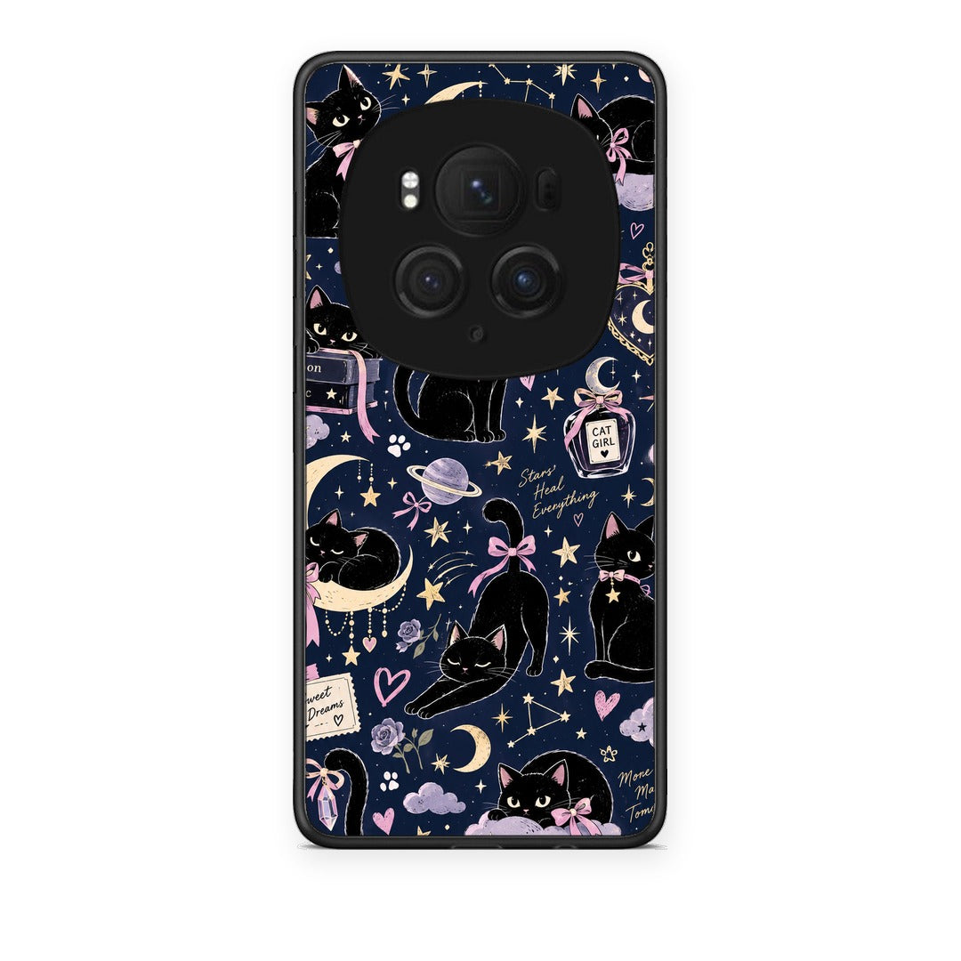 Θήκη Honor Magic6 Pro Celestial Black Cats on Navy από τη Smartfits με σχέδιο στο πίσω μέρος και μαύρο περίβλημα | Honor Magic6 Pro Celestial Black Cats on Navy case with colorful back and black bezels
