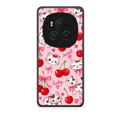 Θήκη Honor Magic6 Pro Cherries Bows and Kittens on Pink από τη Smartfits με σχέδιο στο πίσω μέρος και μαύρο περίβλημα | Honor Magic6 Pro Cherries Bows and Kittens on Pink case with colorful back and black bezels