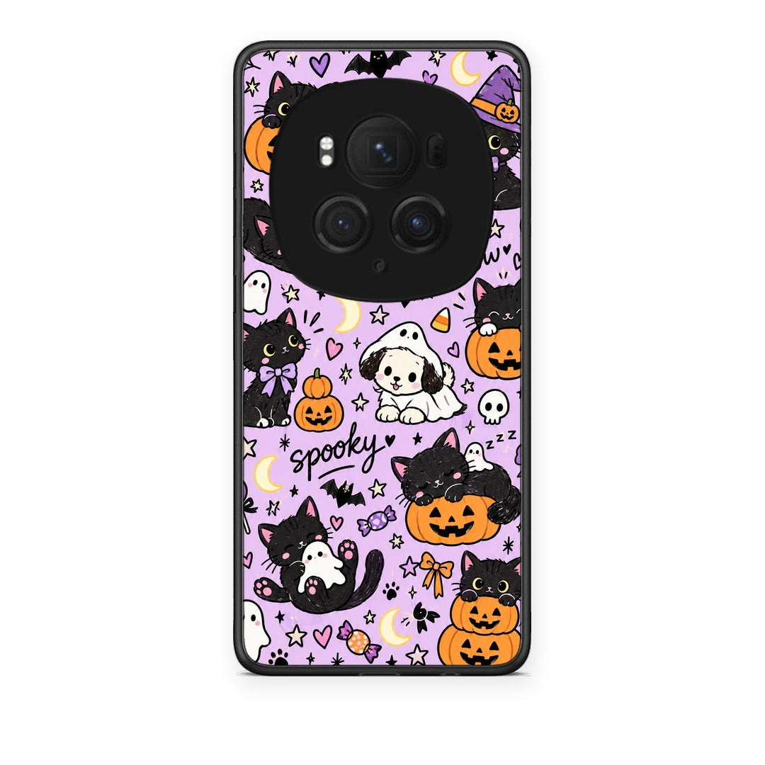 Θήκη Honor Magic6 Pro Halloween Black Cats on Lilac από τη Smartfits με σχέδιο στο πίσω μέρος και μαύρο περίβλημα | Honor Magic6 Pro Halloween Black Cats on Lilac case with colorful back and black bezels