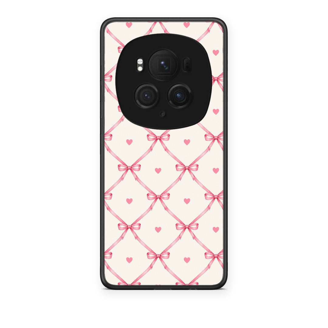 Θήκη Honor Magic6 Pro Pink Bow Lattice and Hearts on Cream από τη Smartfits με σχέδιο στο πίσω μέρος και μαύρο περίβλημα | Honor Magic6 Pro Pink Bow Lattice and Hearts on Cream case with colorful back and black bezels