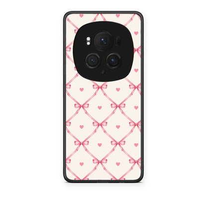 Θήκη Honor Magic6 Pro Pink Bow Lattice and Hearts on Cream από τη Smartfits με σχέδιο στο πίσω μέρος και μαύρο περίβλημα | Honor Magic6 Pro Pink Bow Lattice and Hearts on Cream case with colorful back and black bezels