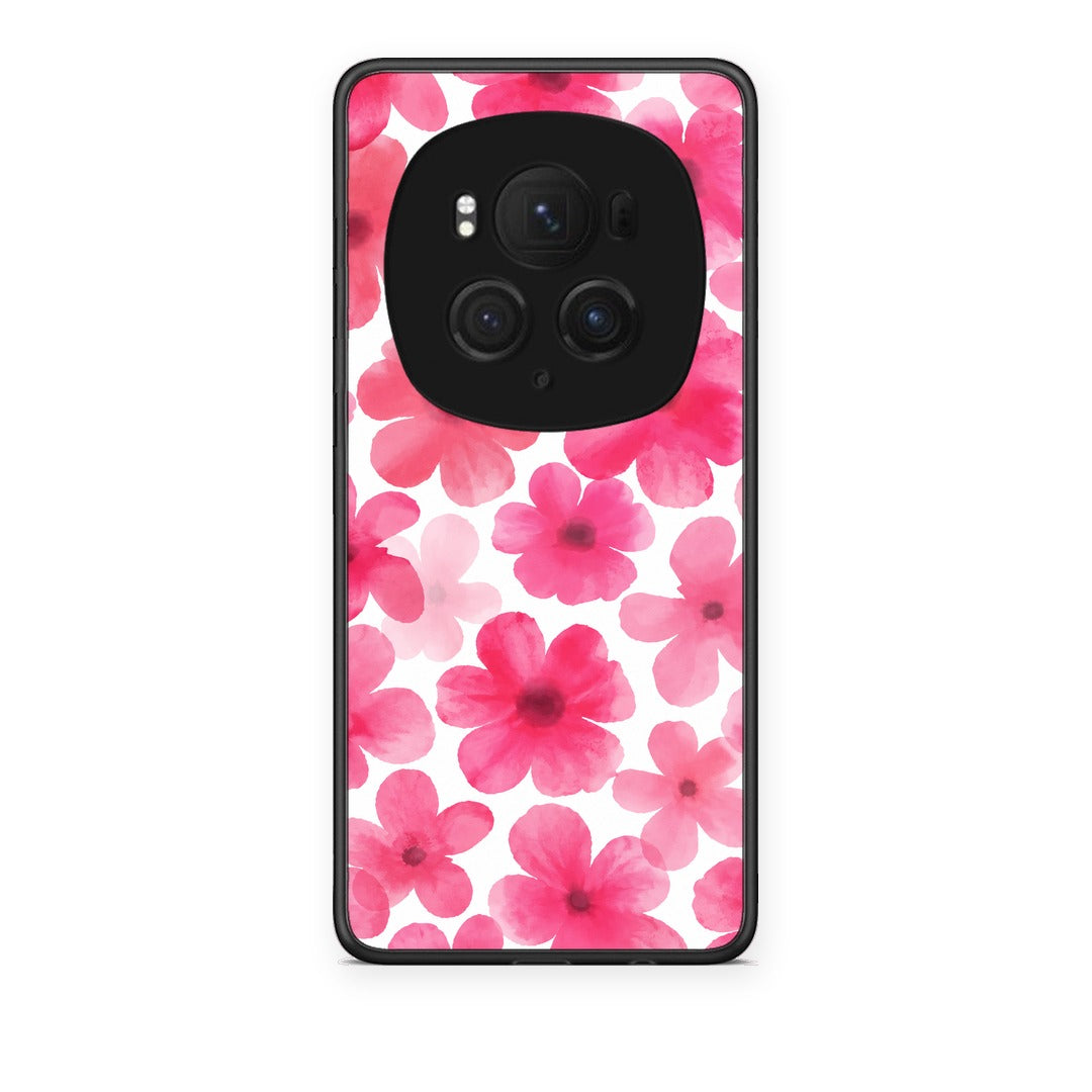 Θήκη Honor Magic6 Pro Pink Watercolour Flowers on White από τη Smartfits με σχέδιο στο πίσω μέρος και μαύρο περίβλημα | Honor Magic6 Pro Pink Watercolour Flowers on White case with colorful back and black bezels