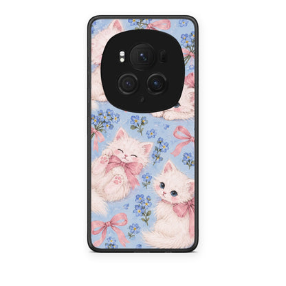 Θήκη Honor Magic6 Pro White Kittens and Blue Flowers Large από τη Smartfits με σχέδιο στο πίσω μέρος και μαύρο περίβλημα | Honor Magic6 Pro White Kittens and Blue Flowers Large case with colorful back and black bezels
