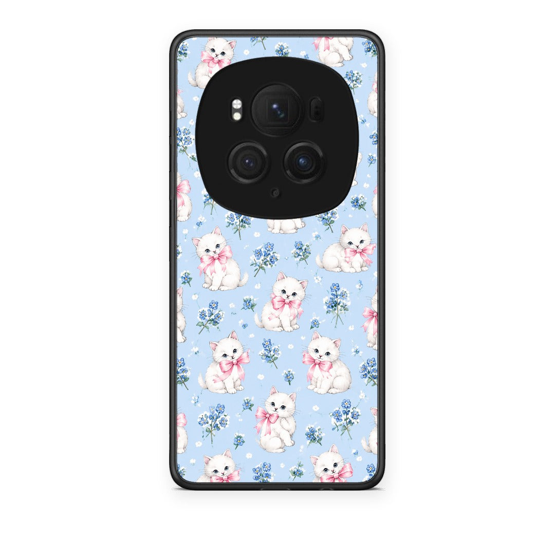 Θήκη Honor Magic6 Pro White Kittens and Blue Flowers Small από τη Smartfits με σχέδιο στο πίσω μέρος και μαύρο περίβλημα | Honor Magic6 Pro White Kittens and Blue Flowers Small case with colorful back and black bezels