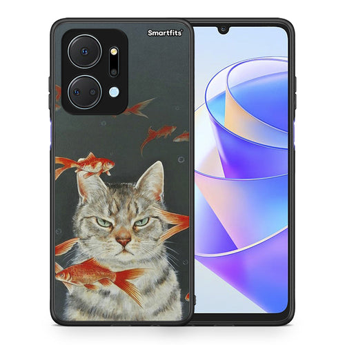 Θήκη Honor X7a Cat Goldfish από τη Smartfits με σχέδιο στο πίσω μέρος και μαύρο περίβλημα | Honor X7a Cat Goldfish case with colorful back and black bezels