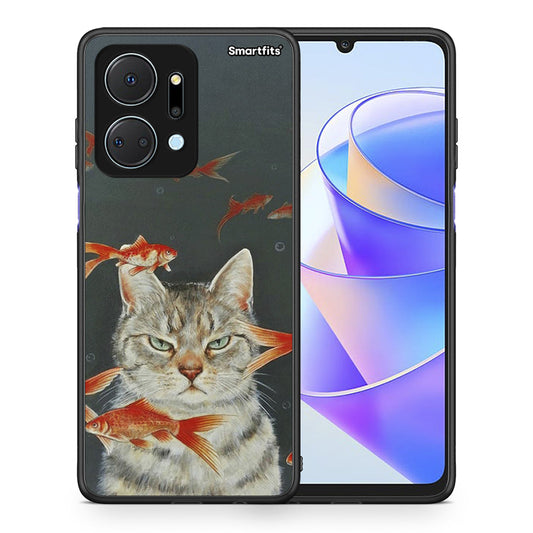 Θήκη Honor X7a Cat Goldfish από τη Smartfits με σχέδιο στο πίσω μέρος και μαύρο περίβλημα | Honor X7a Cat Goldfish case with colorful back and black bezels