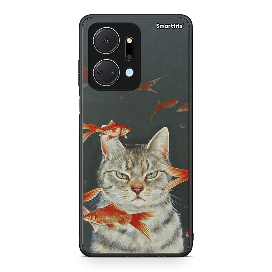 Honor X7a Cat Goldfish θήκη από τη Smartfits με σχέδιο στο πίσω μέρος και μαύρο περίβλημα | Smartphone case with colorful back and black bezels by Smartfits