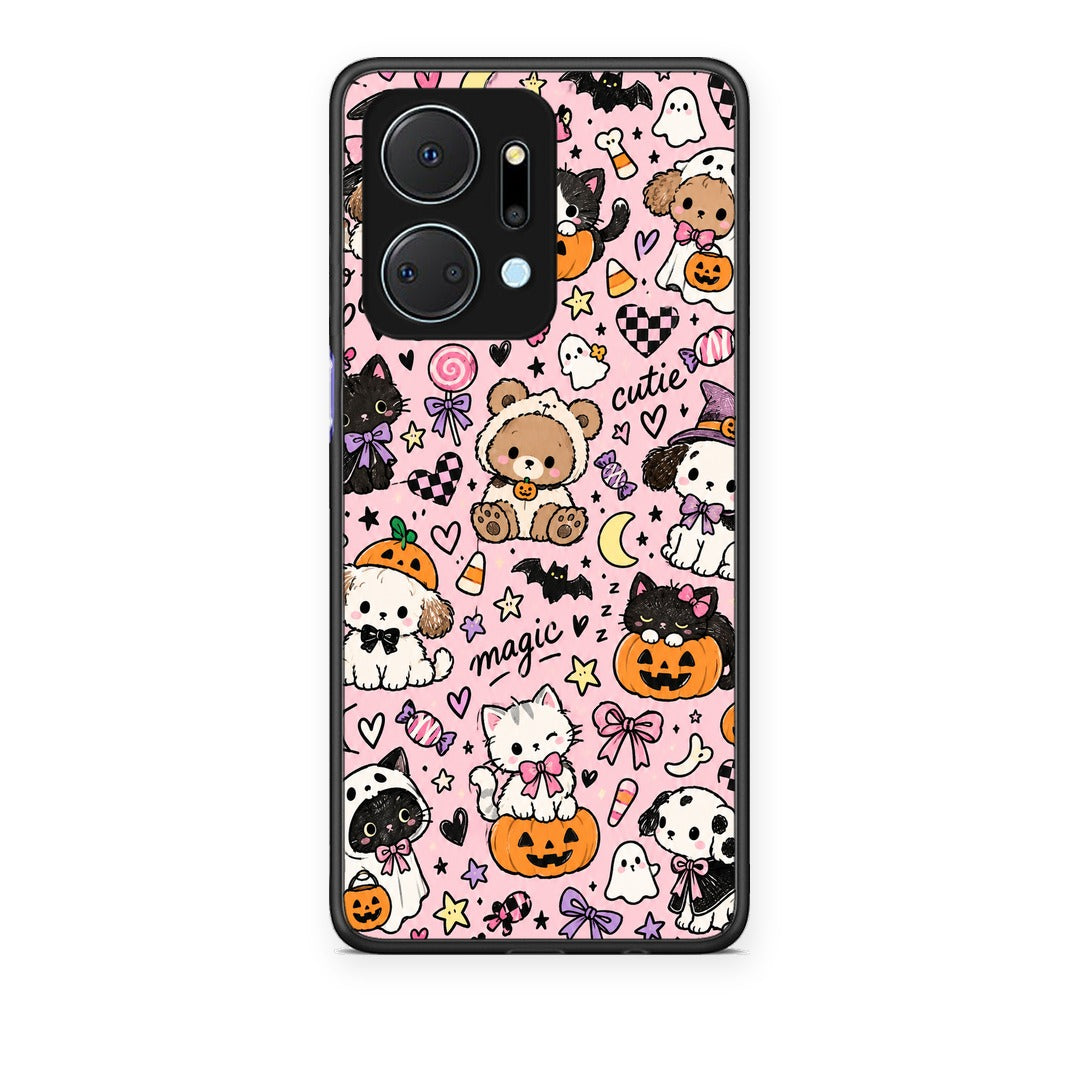 Θήκη Honor X7a Halloween Cute Animals on Pink από τη Smartfits με σχέδιο στο πίσω μέρος και μαύρο περίβλημα | Honor X7a Halloween Cute Animals on Pink case with colorful back and black bezels