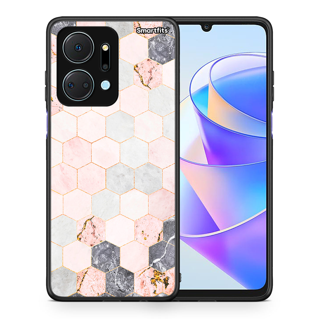 Θήκη Honor X7a Hexagon Pink Marble από τη Smartfits με σχέδιο στο πίσω μέρος και μαύρο περίβλημα | Honor X7a Hexagon Pink Marble case with colorful back and black bezels