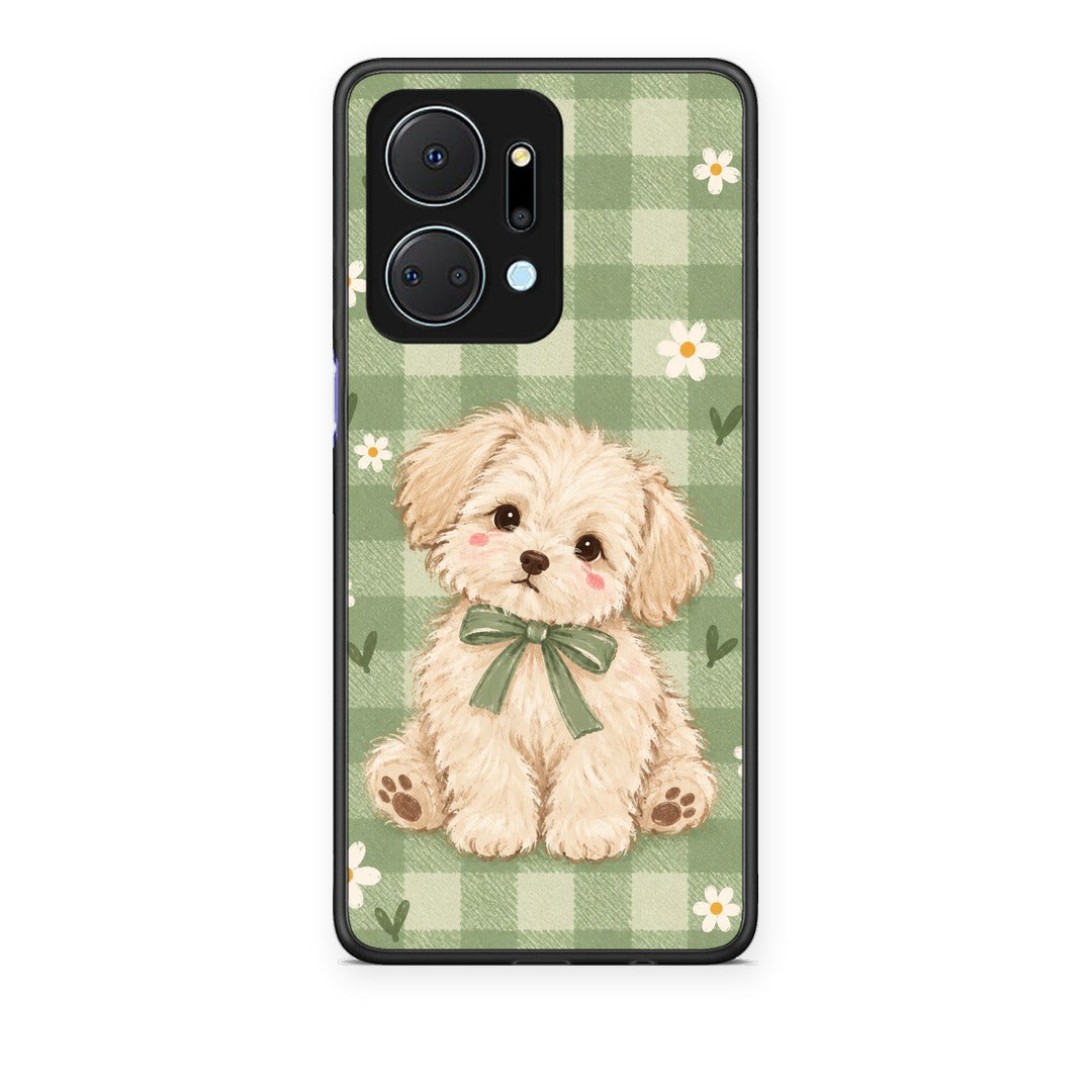 Θήκη Honor X7a Puppy and Daisies on Sage Gingham από τη Smartfits με σχέδιο στο πίσω μέρος και μαύρο περίβλημα | Honor X7a Puppy and Daisies on Sage Gingham case with colorful back and black bezels
