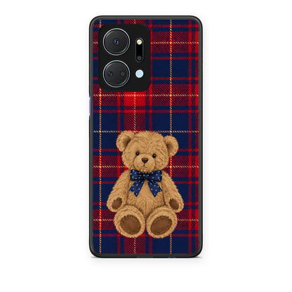 Θήκη Honor X7a Teddy Bear on Red and Navy Tartan από τη Smartfits με σχέδιο στο πίσω μέρος και μαύρο περίβλημα | Honor X7a Teddy Bear on Red and Navy Tartan case with colorful back and black bezels