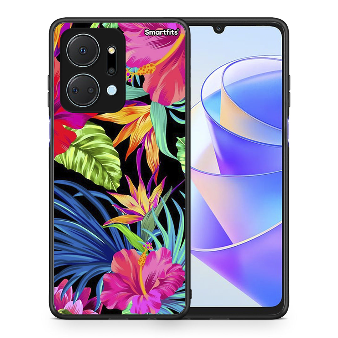 Θήκη Honor X7a Tropical Flowers από τη Smartfits με σχέδιο στο πίσω μέρος και μαύρο περίβλημα | Honor X7a Tropical Flowers case with colorful back and black bezels