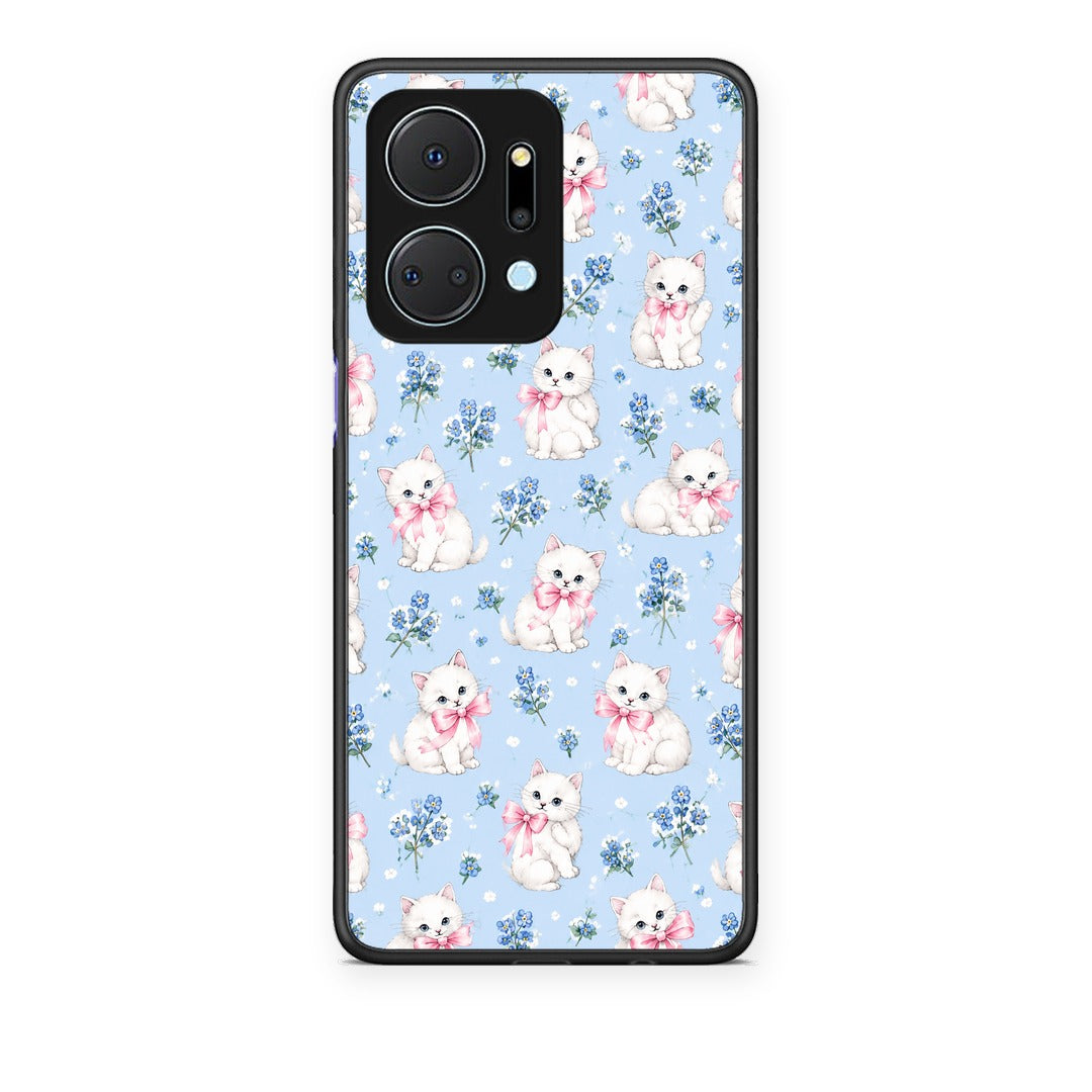 Θήκη Honor X7a White Kittens and Blue Flowers Small από τη Smartfits με σχέδιο στο πίσω μέρος και μαύρο περίβλημα | Honor X7a White Kittens and Blue Flowers Small case with colorful back and black bezels
