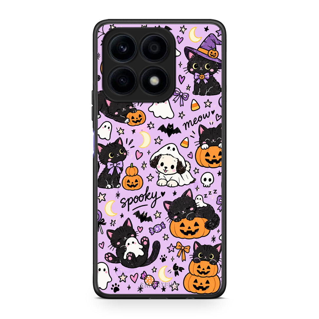 Θήκη Honor X8a Halloween Black Cats on Lilac από τη Smartfits με σχέδιο στο πίσω μέρος και μαύρο περίβλημα | Honor X8a Halloween Black Cats on Lilac case with colorful back and black bezels